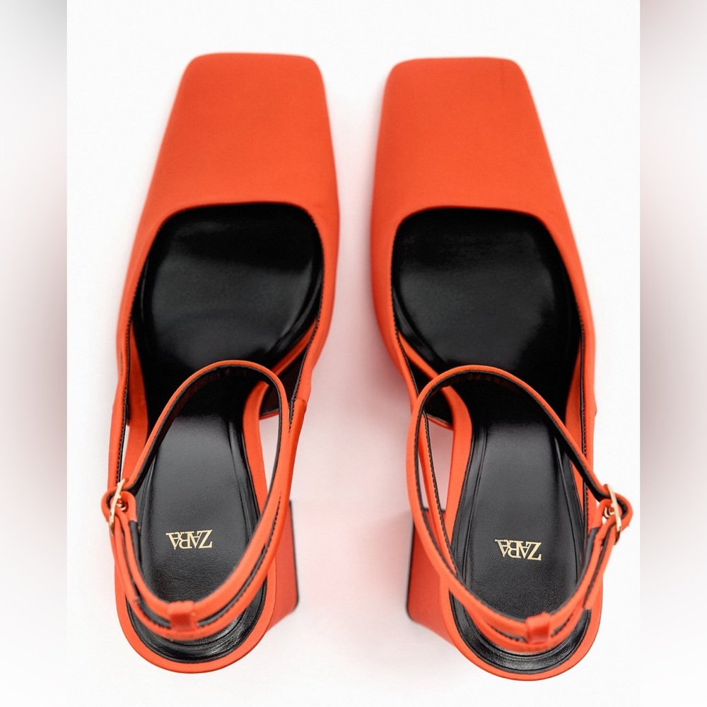 Zara SATIN EFFECT HEELED SLINGBACKS. Orange. Size 6.5. New with Tags. - Picture 4 of 6